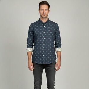 Cotélac Navy Polka Dot Button Down Shirt M Floral Collar & Cuffs P2P 21" French